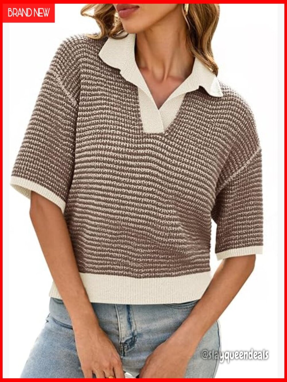 Cropped V-Neck Pullover Sweater, Striped Knit, Short Sleeve, Casual Top